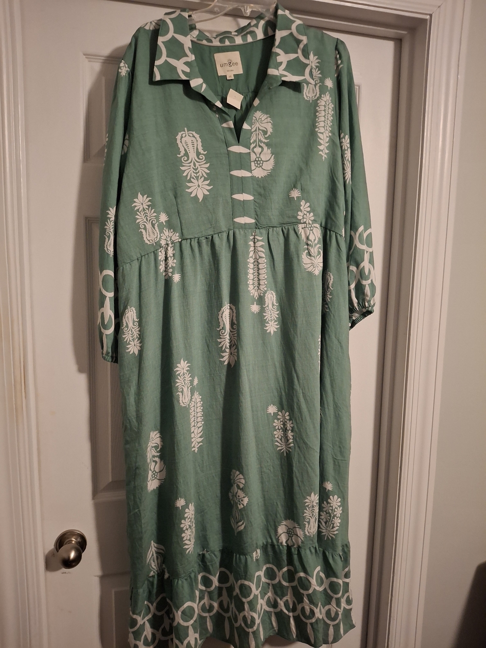 Umgee Light Green and White Printed Button-Front Dress